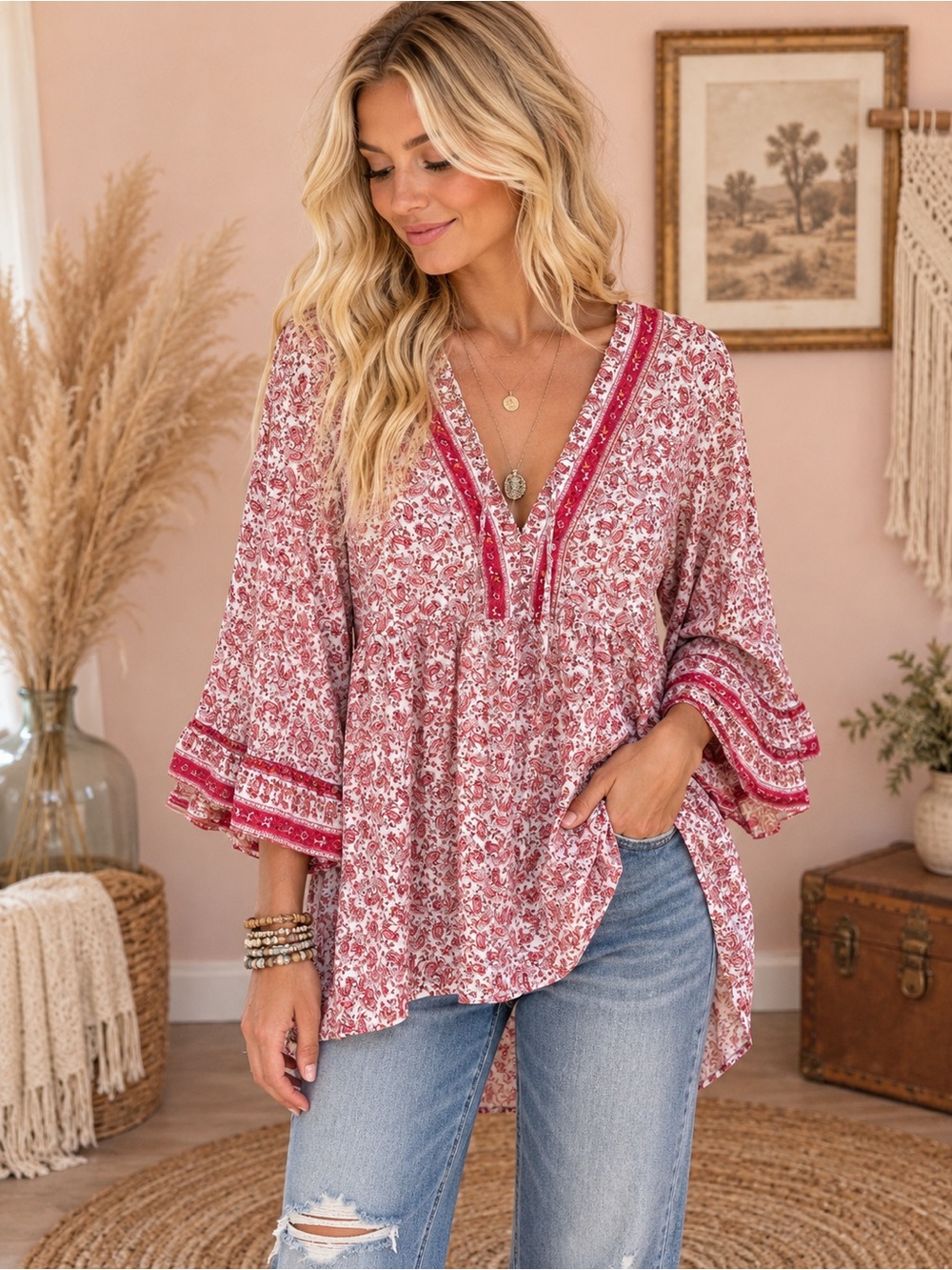 Cynthia Rowley Pink Floral Peasant Tunic